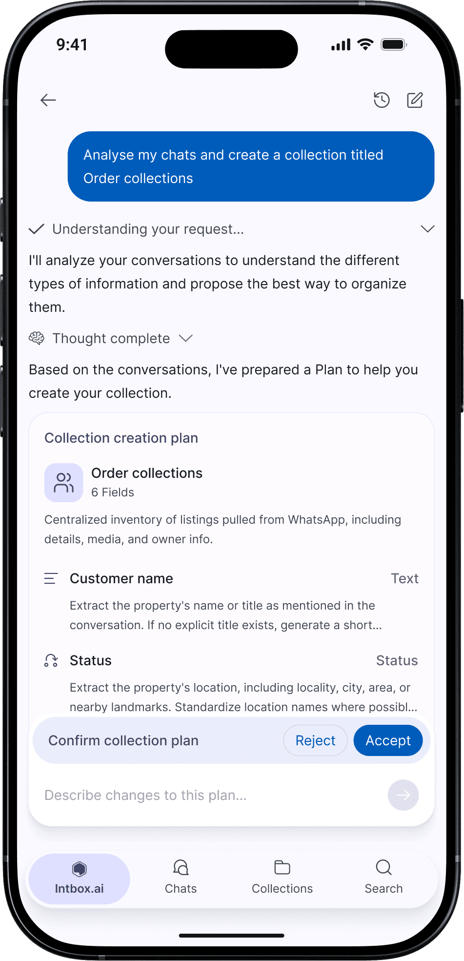 A collection creation plan for Order collections, with six fields, ready to accept