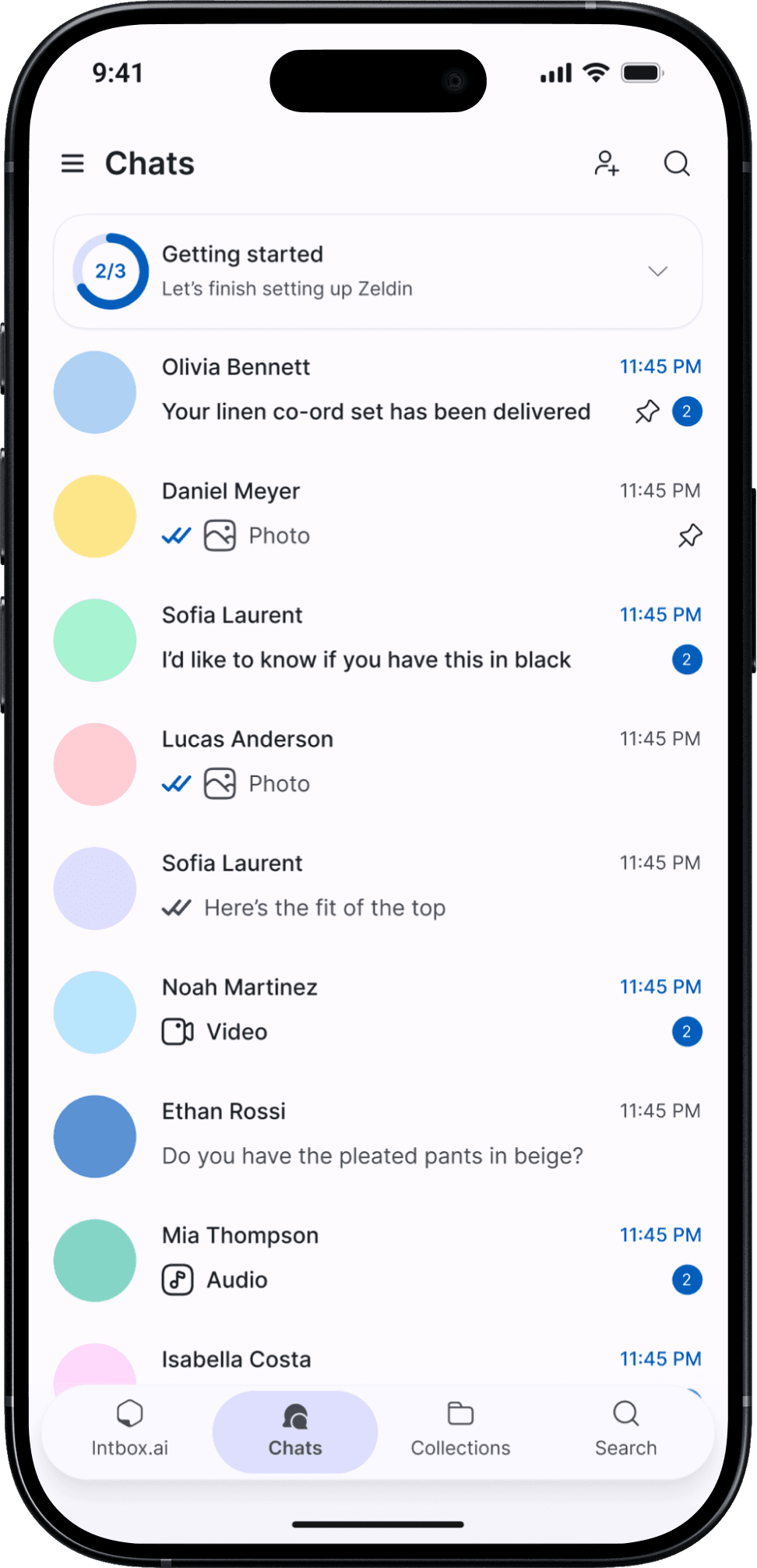 intbox on a phone: the Chats list, with photos, voice notes and unread counts