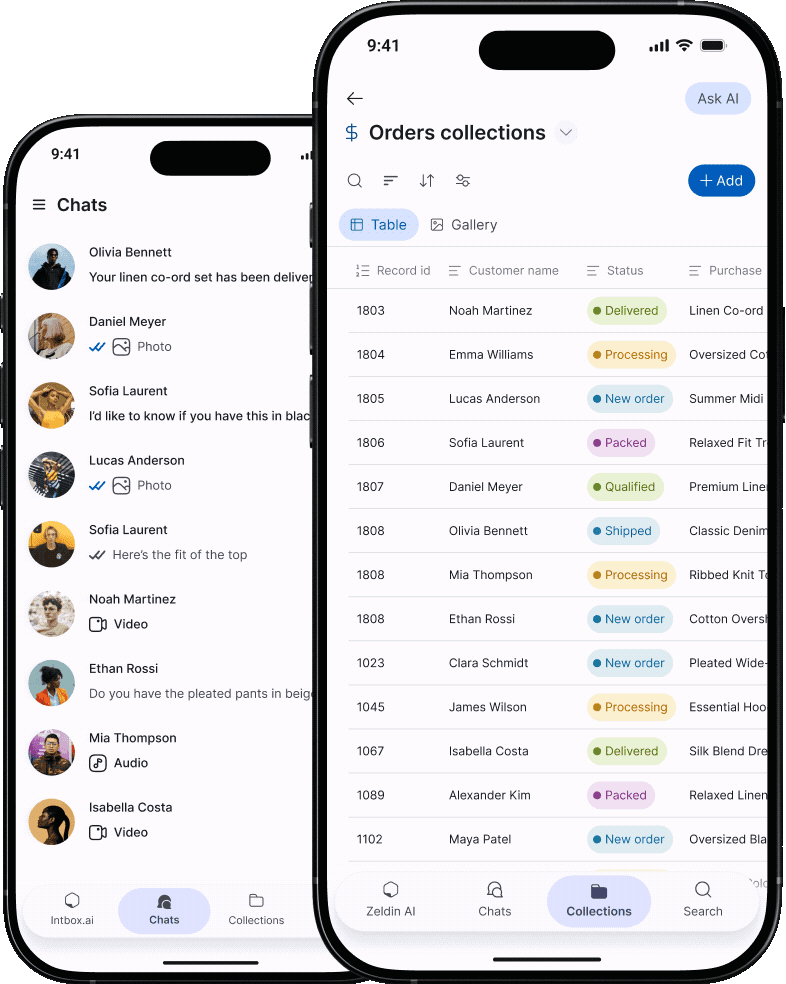 intbox on iPhone: the Chats list behind an Orders collection, one row per WhatsApp order