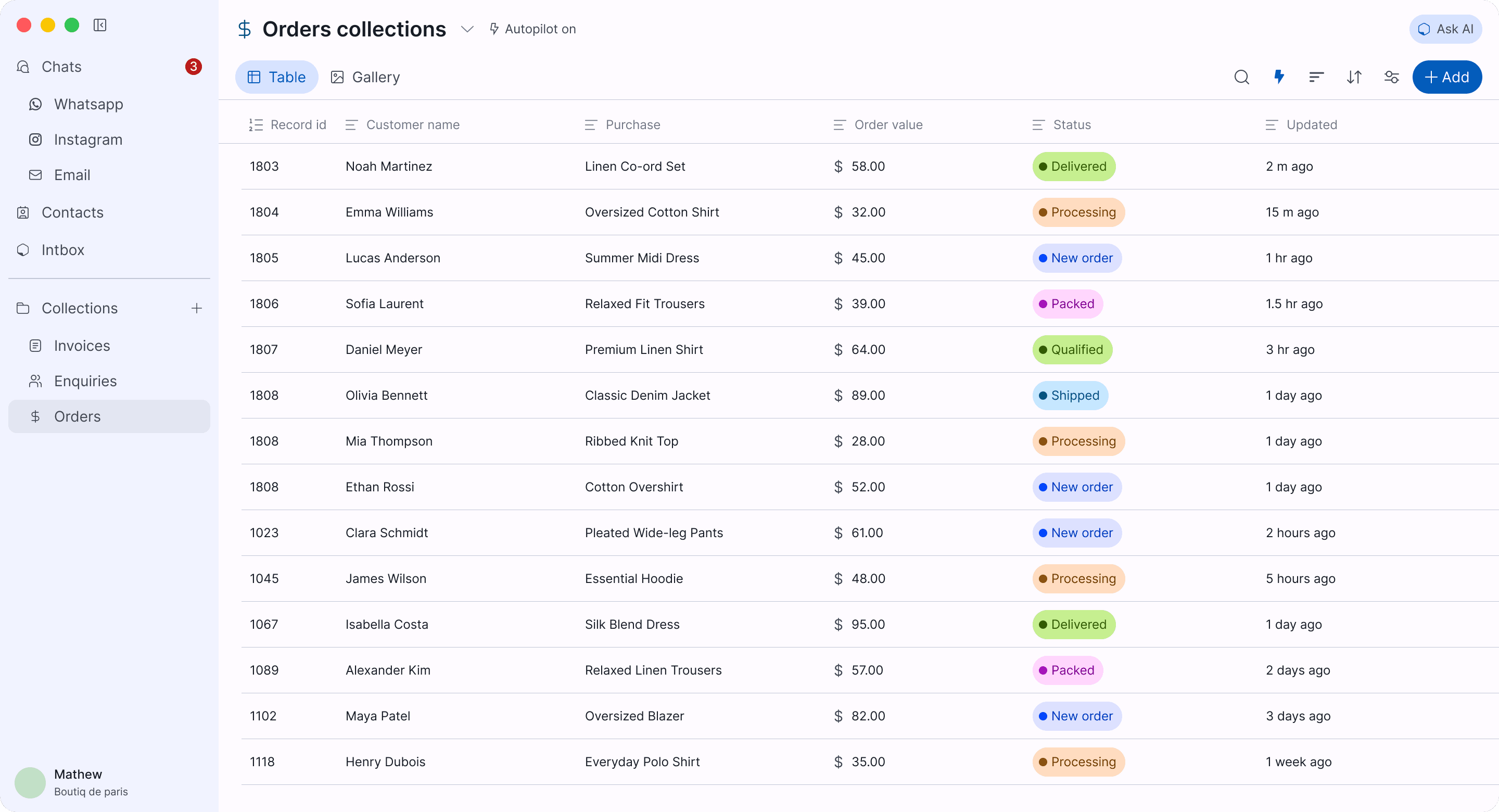intbox on desktop: an Orders collection, one row per WhatsApp order with customer, purchase, value and status